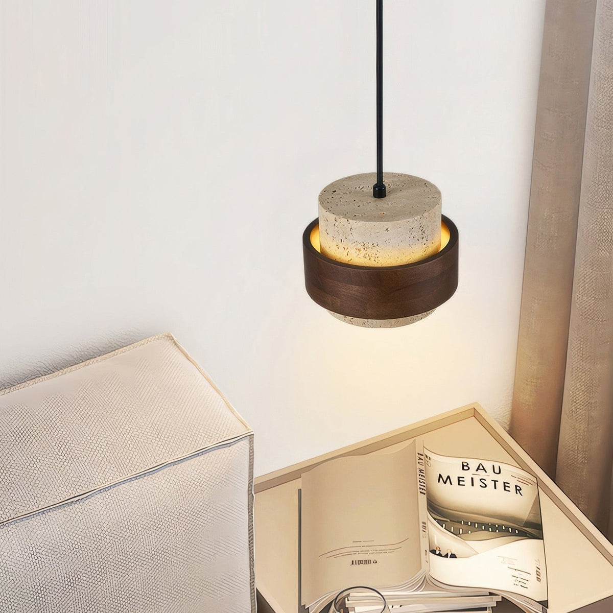 Lampa wisząca z kamienia naturalnego i drewna, styl wabi-sabi, regulowana, do jadalni, baru i kuchni, oświetlenie z 1, 2, 3 lub 4 reflektorami LED | Sansoti