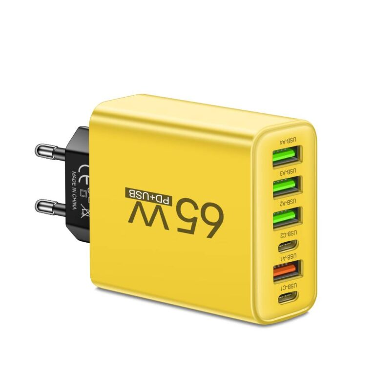 Universele USB Oplader 65W 6 Poorten Zwart Wit Geel Multidevice voor Kantoor Thuis Reis | Sansoti