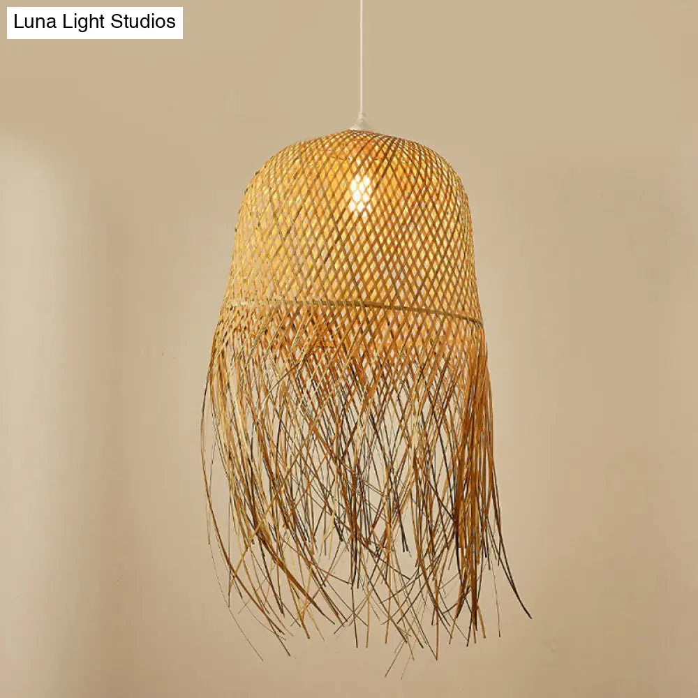 Hanglamp Bamboe Koepel met Franje Detail Natuurlijk Hout Scandinavisch Design Eetkamer Woonkamer E26 E27 | Sansoti