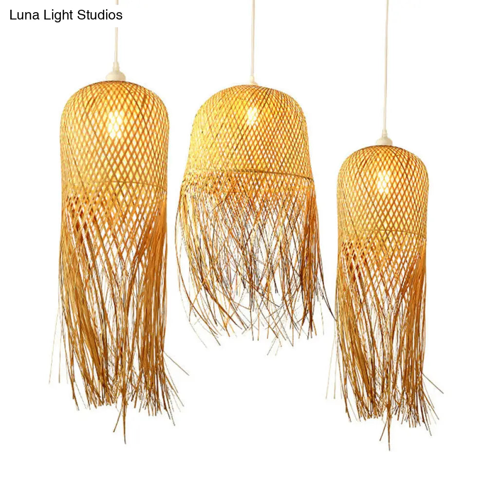 Hanglamp Bamboe Koepel met Franje Detail Natuurlijk Hout Scandinavisch Design Eetkamer Woonkamer E26 E27 | Sansoti