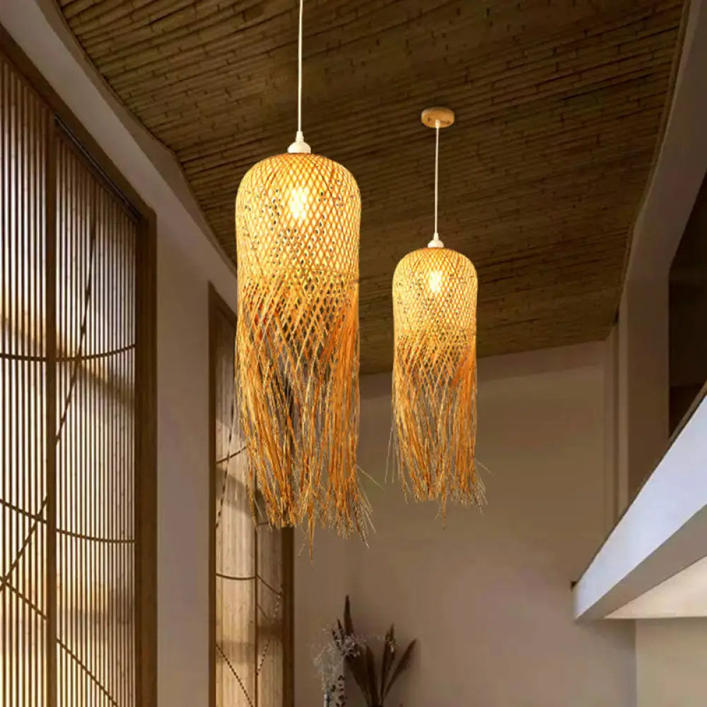 Hanglamp Bamboe Koepel met Franje Detail Natuurlijk Hout Scandinavisch Design Eetkamer Woonkamer E26 E27 | Sansoti