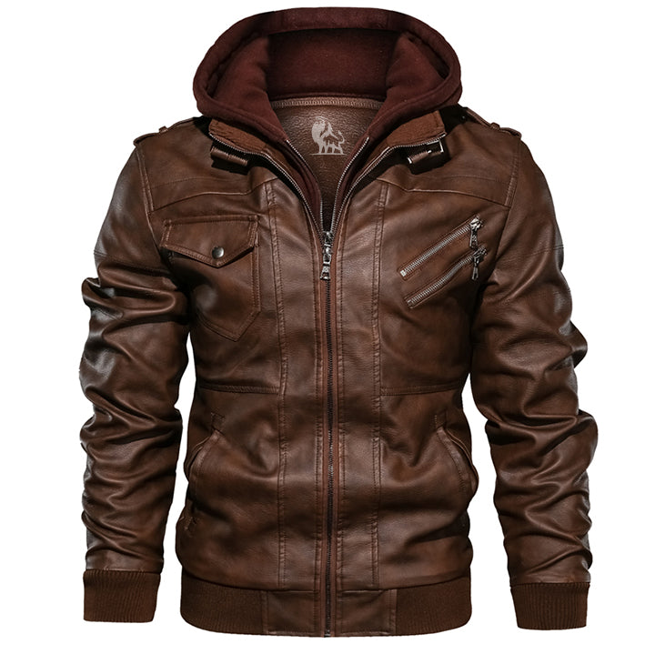 Leren Herenjack met Afneembare Capuchon Cognacbruin Premium Kunstleer Waterafstotend voor Herfst Winter | Sansoti