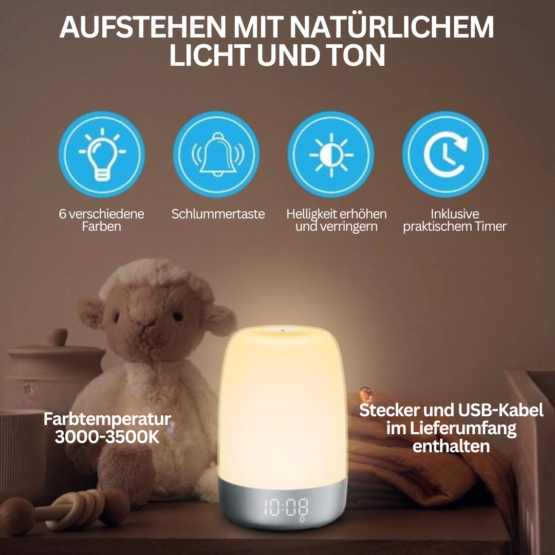 Wake-up Light mit Naturgeräuschen und Sonnenaufgangssimulation – Wiederaufladbare USB-C Nachttischlampe mit Dimmbar Warmem Licht | Sansoti