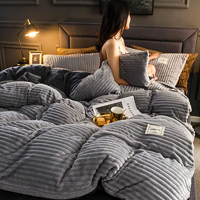 Fleece Dekbedovertrek Hoogwaardig Fleece Groen Ribpatroon Bed Slaapkamer Winter Warm Dekbedovertrekset Zacht Beddengoed | Sansoti