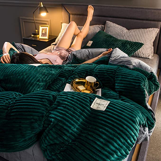 Fleece Dekbedovertrek Hoogwaardig Fleece Groen Ribpatroon Bed Slaapkamer Winter Warm Dekbedovertrekset Zacht Beddengoed | Sansoti