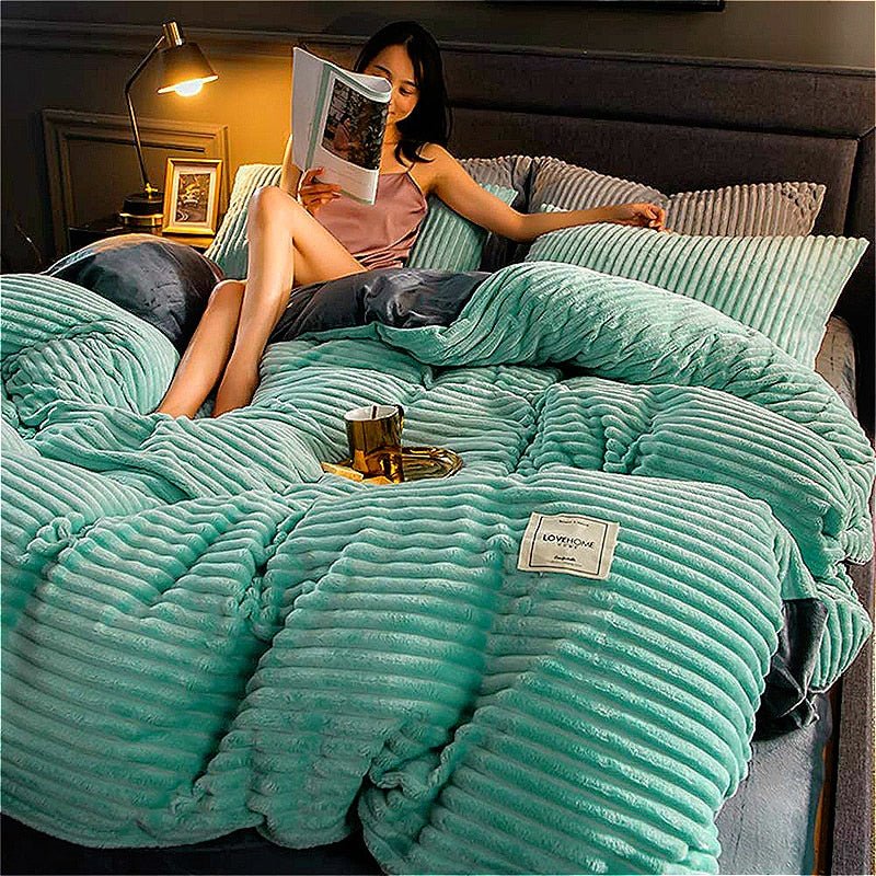Fleece Dekbedovertrek Hoogwaardig Fleece Groen Ribpatroon Bed Slaapkamer Winter Warm Dekbedovertrekset Zacht Beddengoed | Sansoti