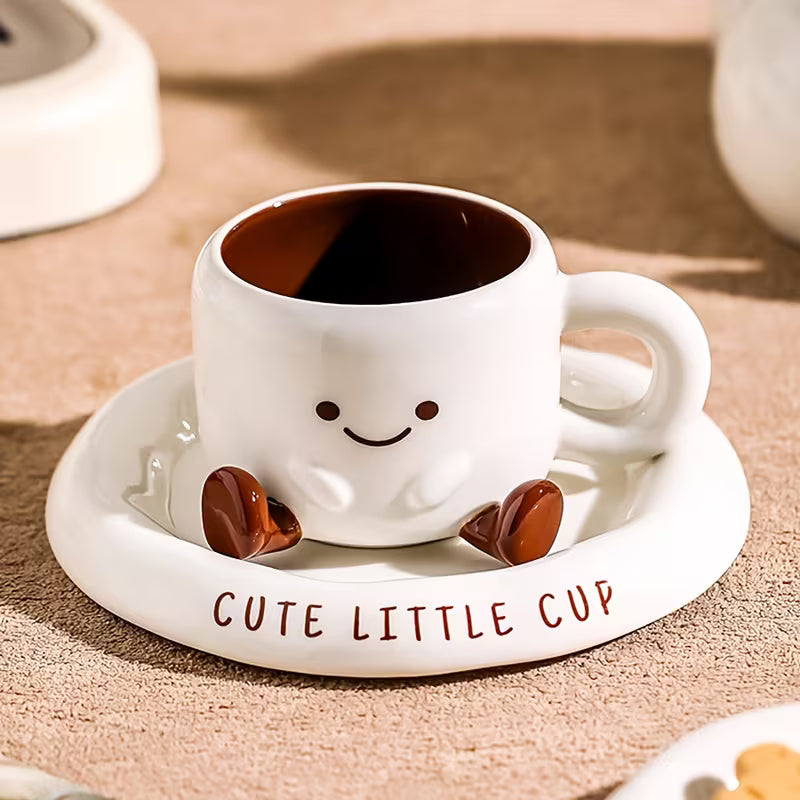 Kaffeetasse mit Untertasse Keramik Handbemalt Cartoon Gesicht Weiß Braun 250ml | Restfield