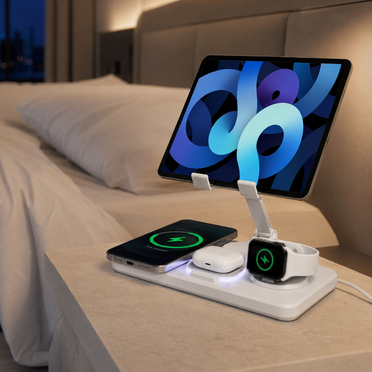7-in-1 Wireless Charging Station with Adjustable Tablet Holder, Multi-Device Qi Charger, Black White Organizer | Sansoti