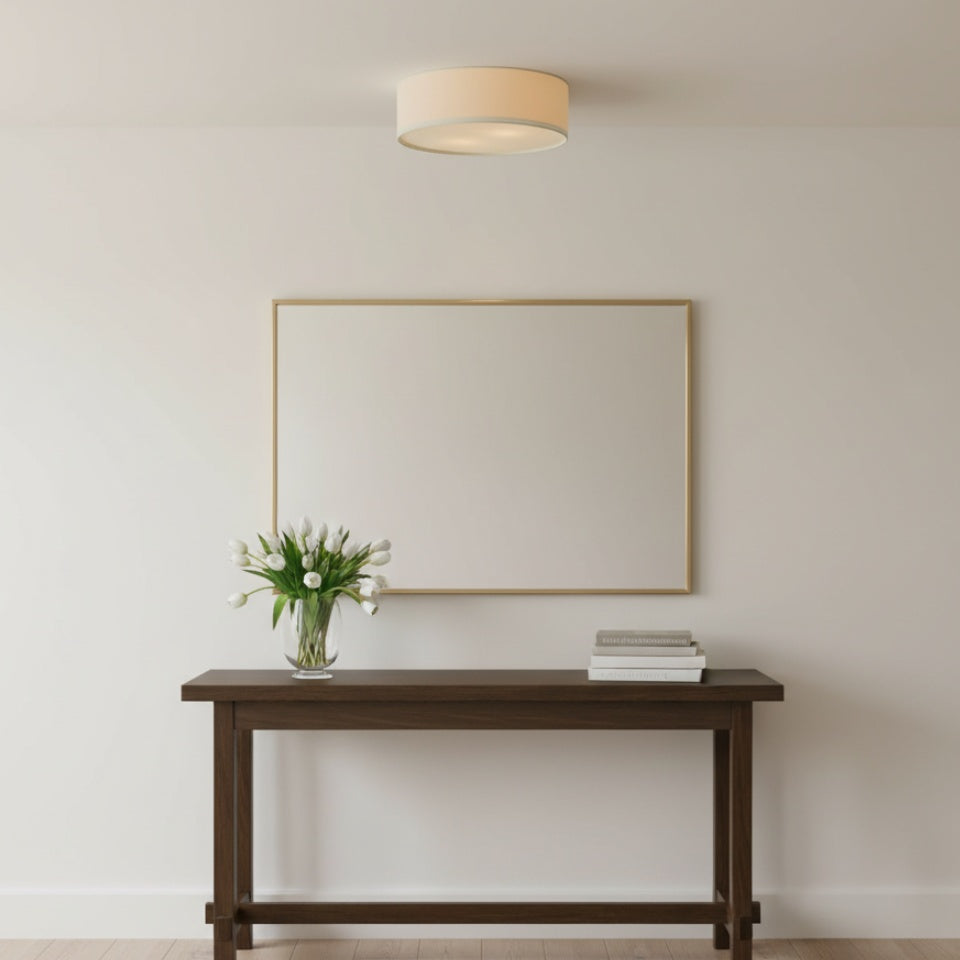 Linen ceiling lamp with drum shade, modern design, E27 socket, Scandinavian style, bedroom, living room | Sansoti