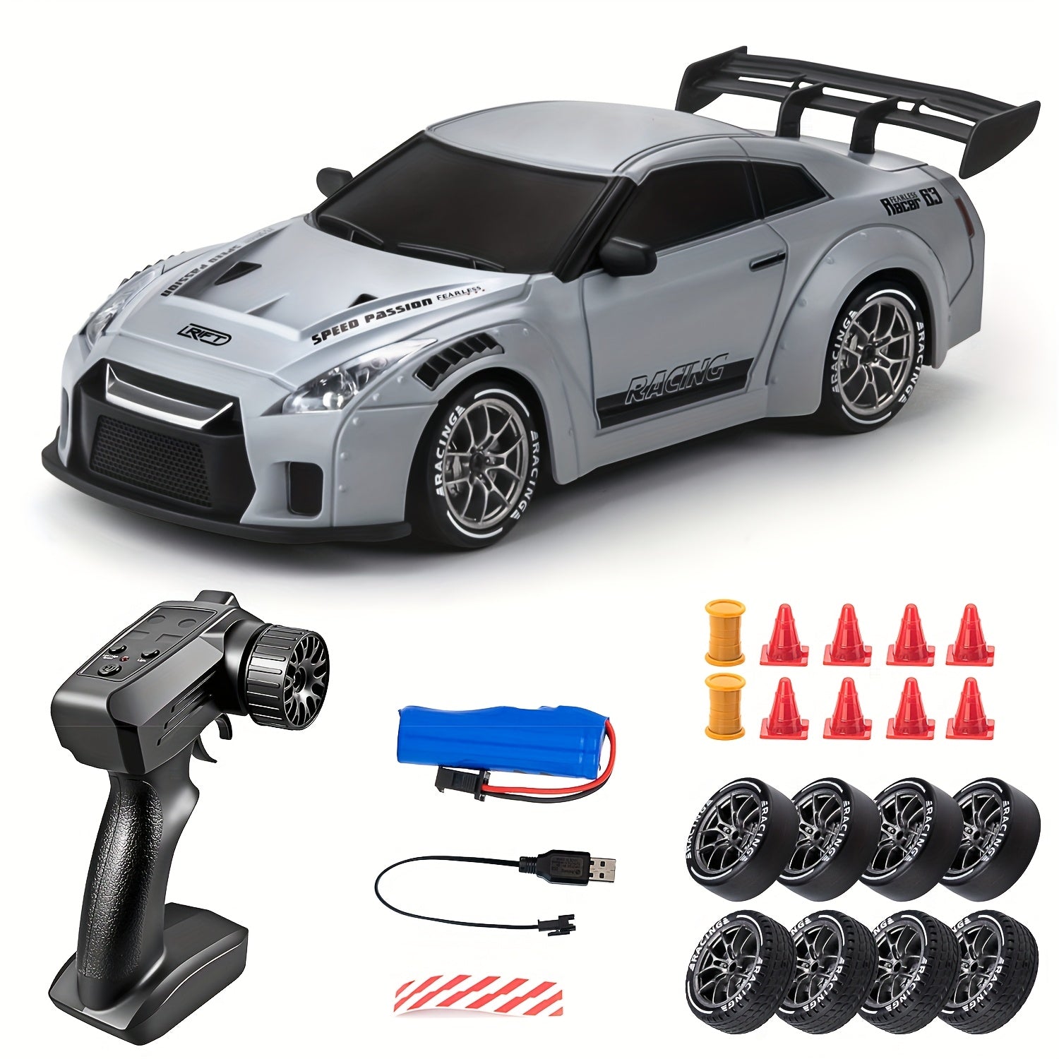 RC drift auto 1:24 4WD grijs met verlichte wielen afstandsbediening extra banden driftauto speelgoed auto usb oplaadbaar | Sansoti