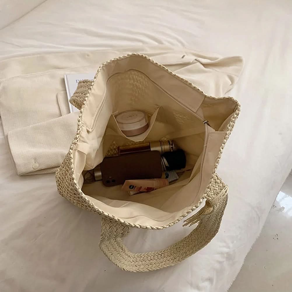 Geflochtene Raffia-Schultertas für Damen, sommerliche Boho-Handtasche, Shopper und Strandtasche, Beige, Braun, Grün, Natur | Sansoti