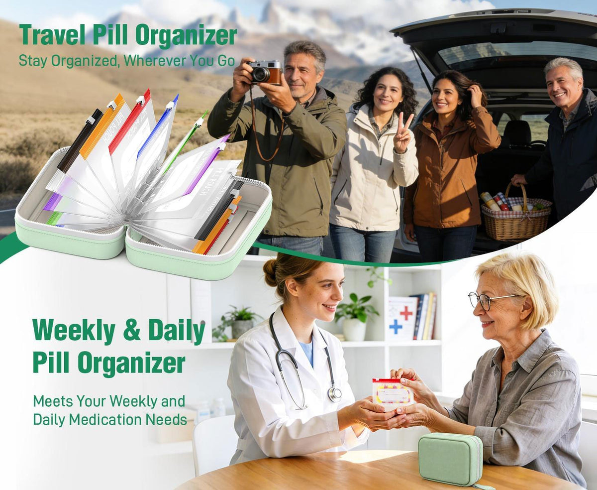 Medikamentenorganizer 14 Fächer Kunstleder-Etui Wochenplaner Tablettenaufbewahrung Reise-Pillendose Reiseorganizer | Sansoti