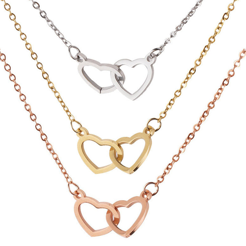 Hartvormige Ketting Twee Harten Titanium Staal Vrouwen Romantisch Sieraad Goud Zilver Rosé Geschenkdoos | Sansoti