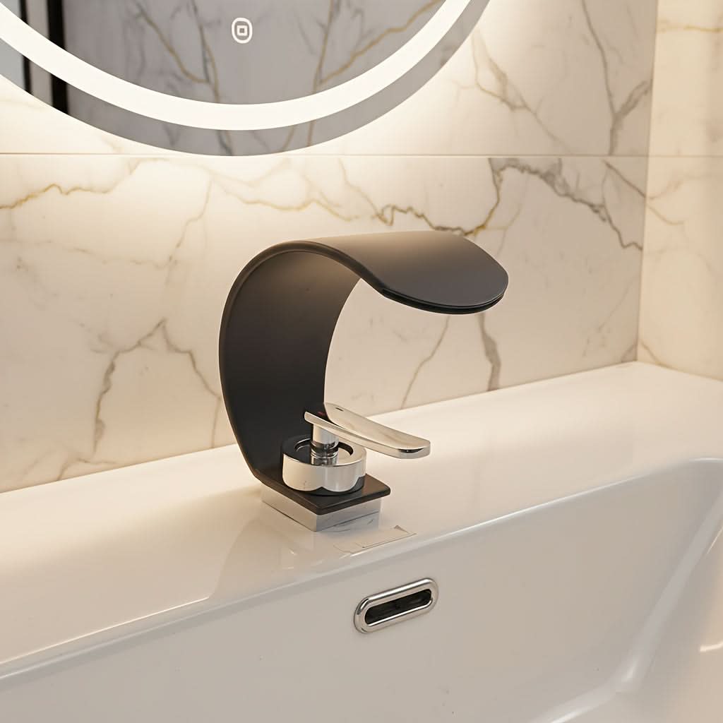 Wasserfall-Waschtischarmatur, gebogen, Chrom, Edelstahl, Spiegelfinish, Einhebelmischer, Einlochmontage, moderne Badarmatur | Sansoti
