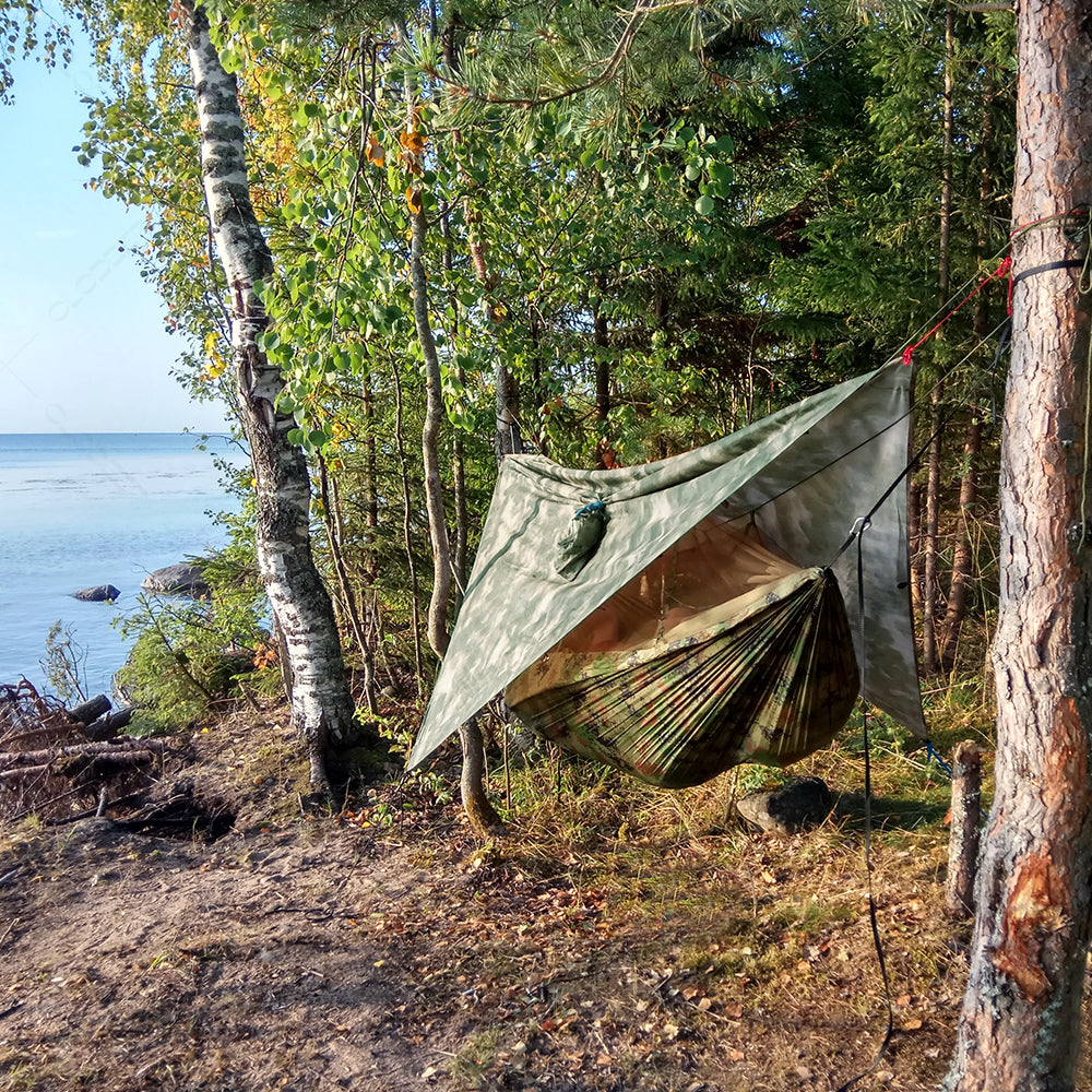 Camping-Hängematte für 2 Personen mit Regenschutz und Moskitonetz | Sansoti