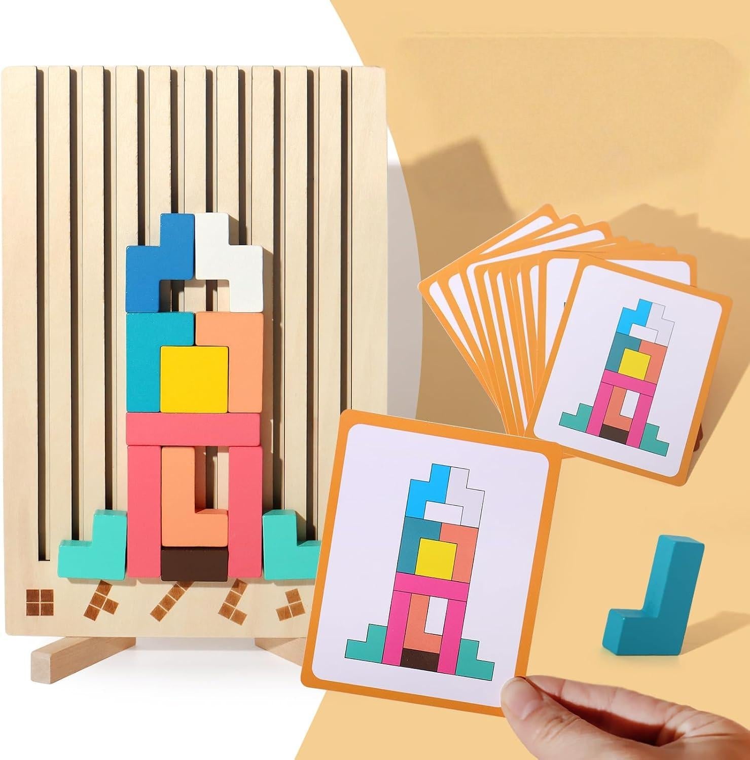 Houten 3D Puzzelspel voor Kinderen – Creatief Tetris Stapelspel met Geometrische Blokken – Ruimtelijk Inzicht & Handcoördinatie | Sansoti