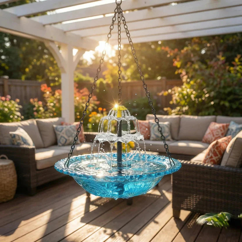 Hangende Vogelbadwaterfontein op Zonne-energie Tweeniveaus Glas Metaal voor Tuin Terras Balkon | Sansoti