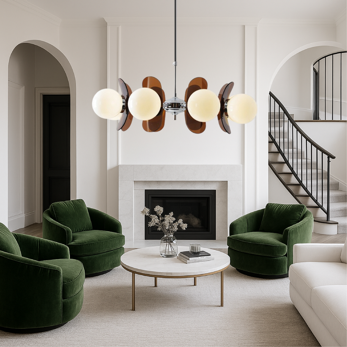 Lustre géométrique avec globes en verre mat, suspension réglable à 5 ou 8 ampoules, blanc chaud, salon | Sansoti
