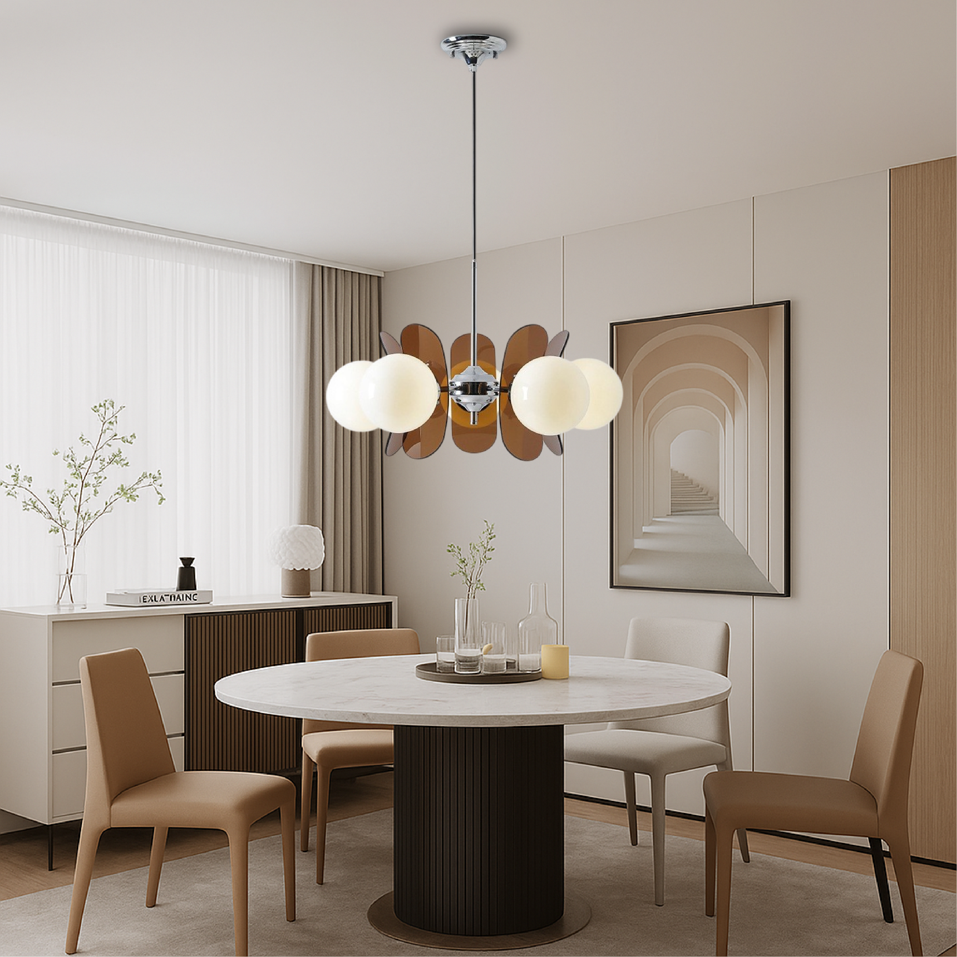 Lustre géométrique avec globes en verre mat, suspension réglable à 5 ou 8 ampoules, blanc chaud, salon | Sansoti