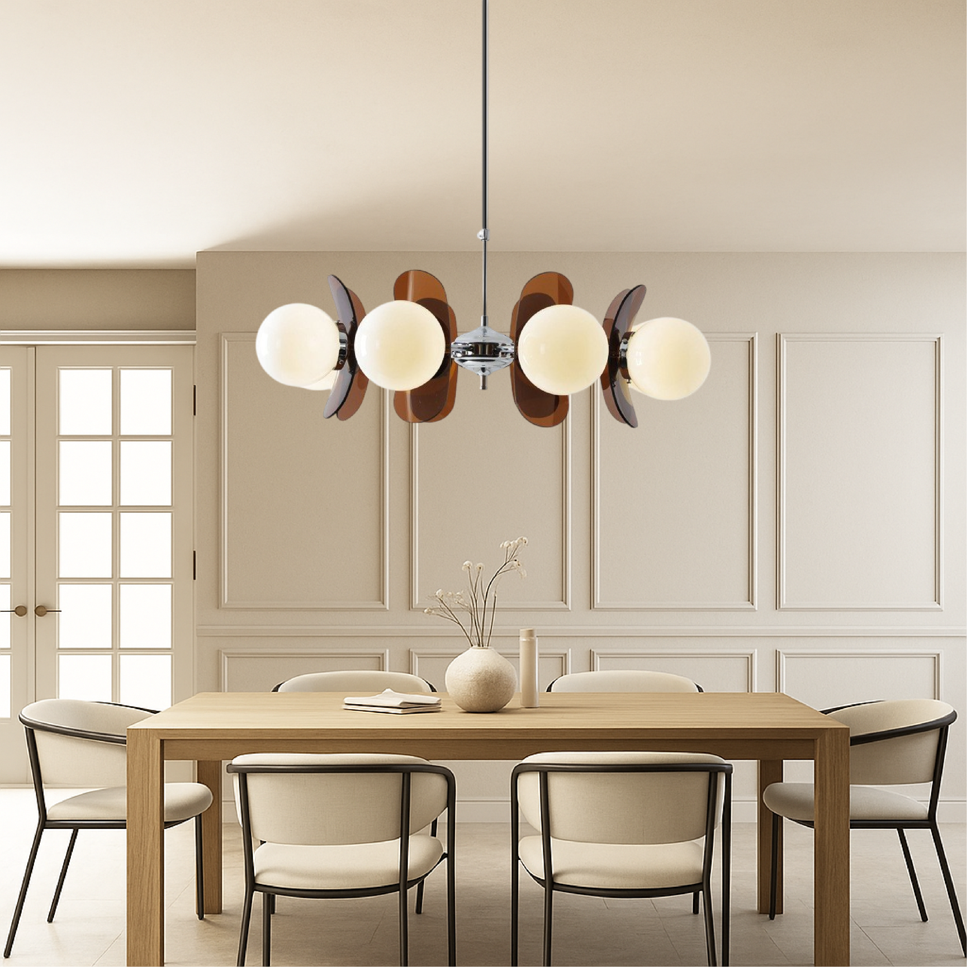 Lustre géométrique avec globes en verre mat, suspension réglable à 5 ou 8 ampoules, blanc chaud, salon | Sansoti