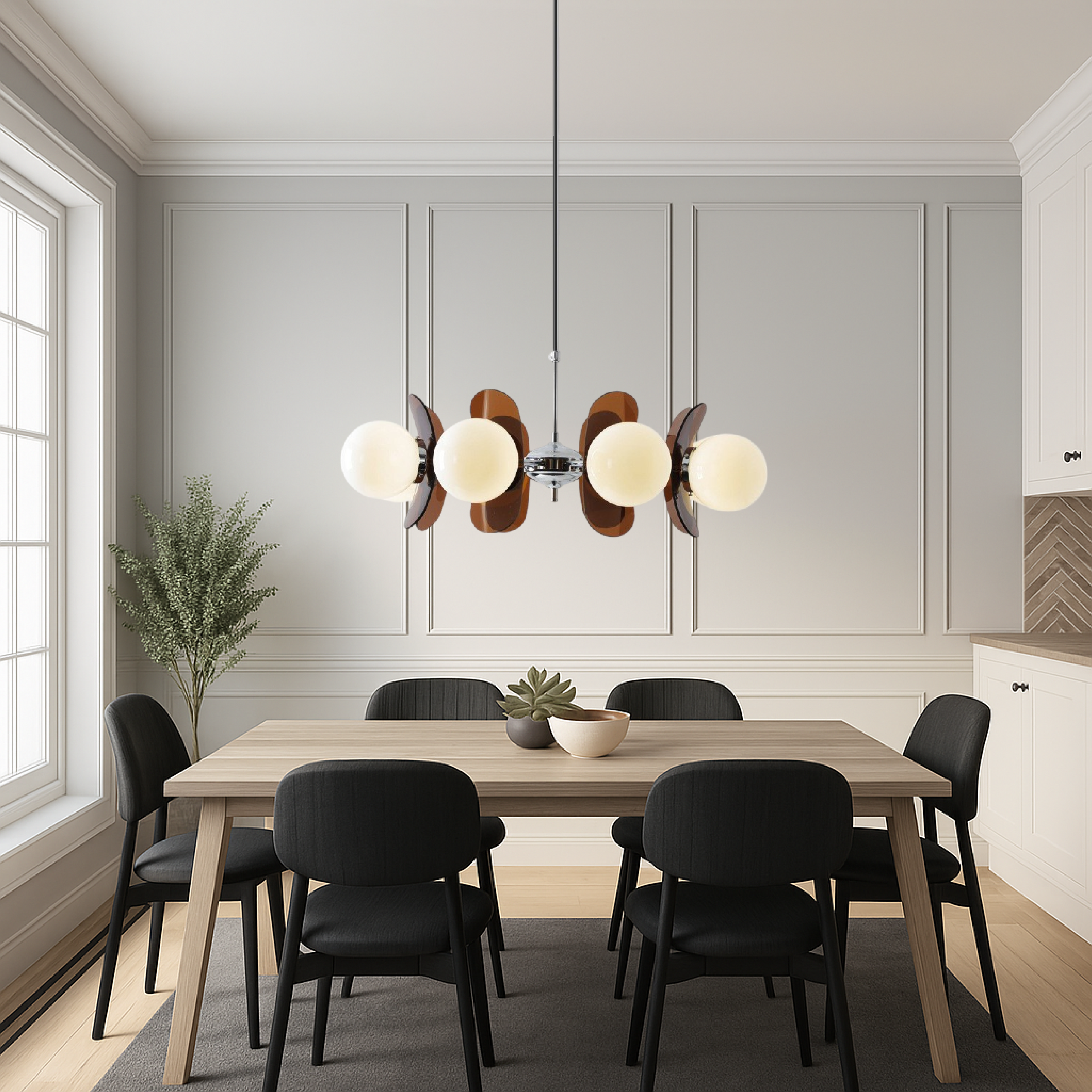 Lustre géométrique avec globes en verre mat, suspension réglable à 5 ou 8 ampoules, blanc chaud, salon | Sansoti