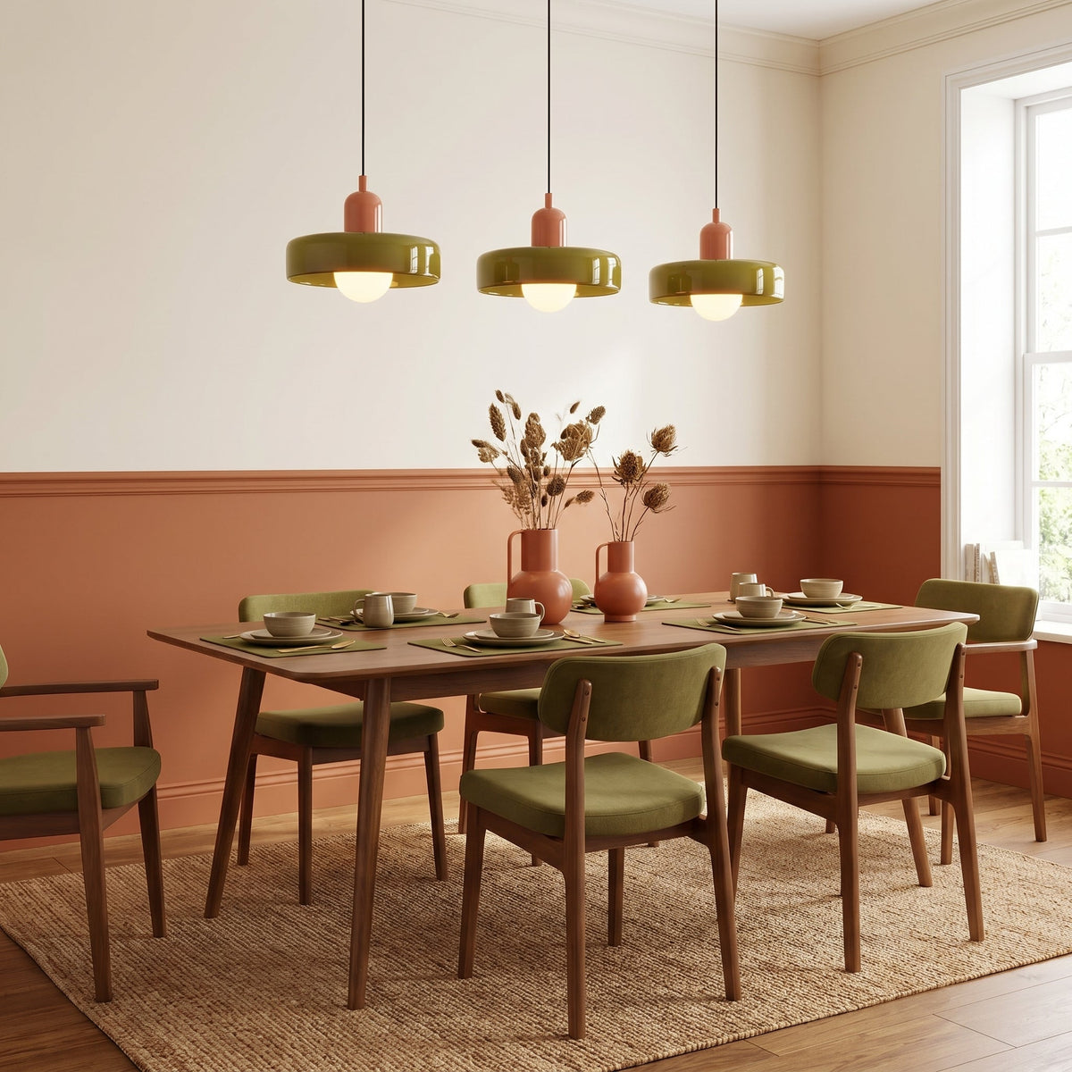 Lampa wisząca z 3 kloszami z kolorowego szkła, design Bauhaus, jadalnia, regulowana, ciepła biel, nowoczesne artystyczne wnętrze | Sansoti