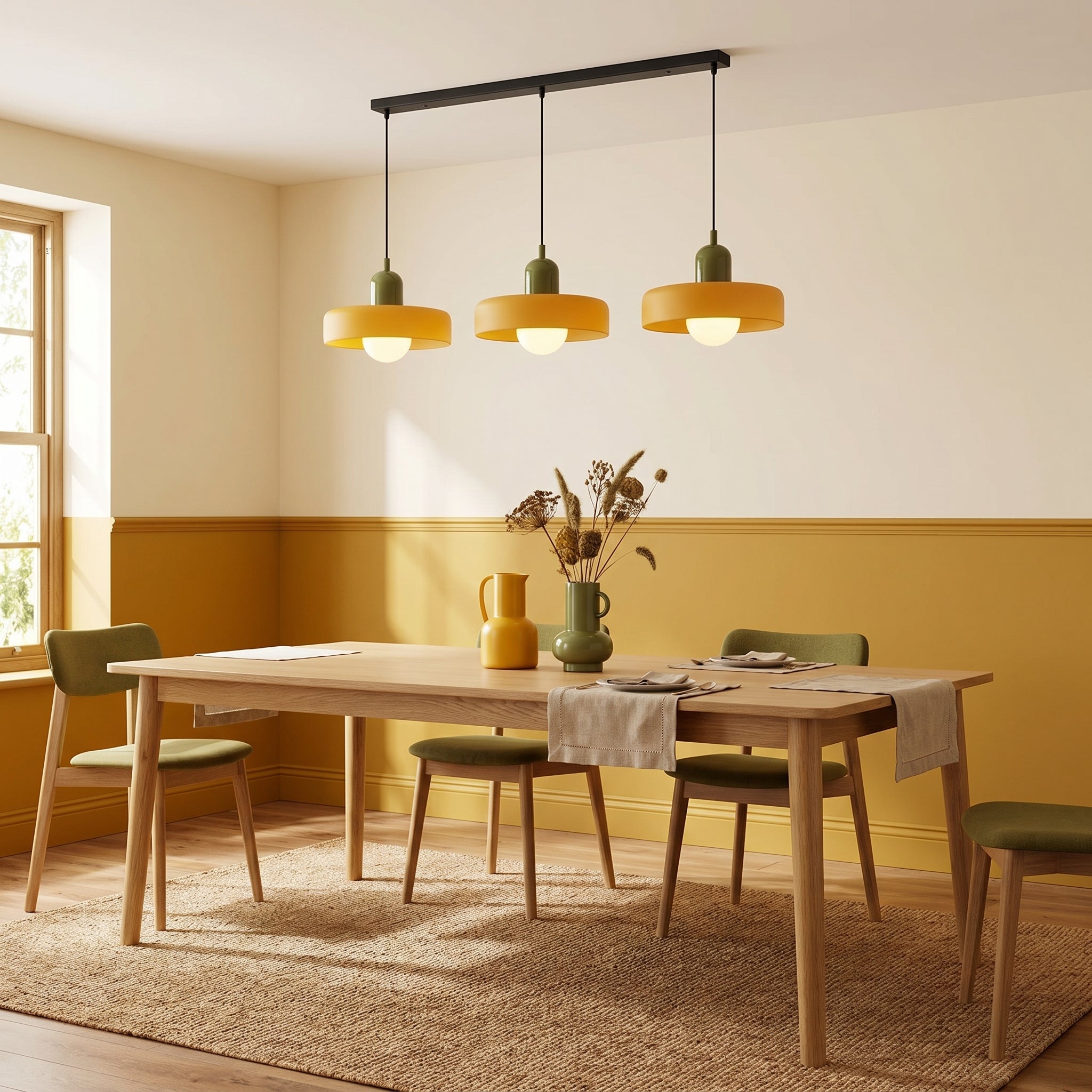 Lampa wisząca z 3 kloszami z kolorowego szkła, design Bauhaus, jadalnia, regulowana, ciepła biel, nowoczesne artystyczne wnętrze | Sansoti