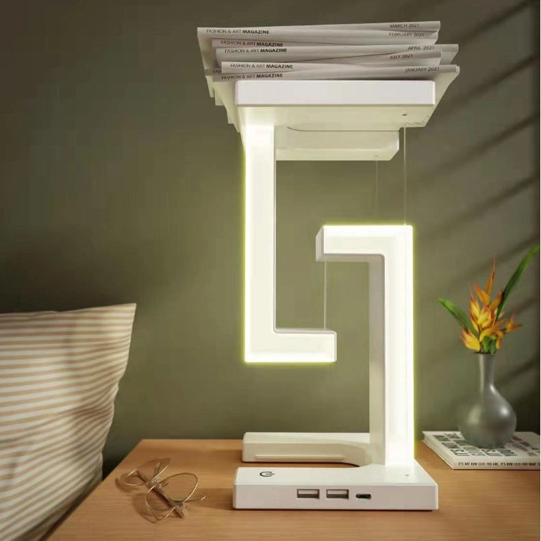 Schwebende Tischlampe mit kabellosem Ladegerät, magnetisch, dimmbar, weiß, für Schreibtisch und Nachttisch, modernes Touch-Bedienfeld | Sansoti