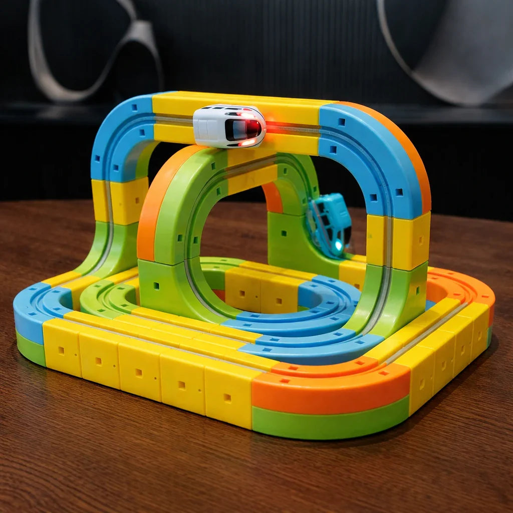 3D Modulair Gemotoriseerd Treinbaanset voor Kinderen – Creatief Bouwspeelgoed met Verticale Lussen en Actie | Sansoti