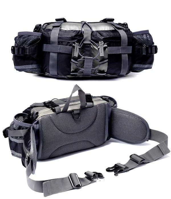 Wasserdichte Outdoor-Gürteltasche mit Flaschenhaltern in Schwarz, Orange, Blau und Grün zum Wandern, Radfahren, Laufen und für Sport | Sansoti