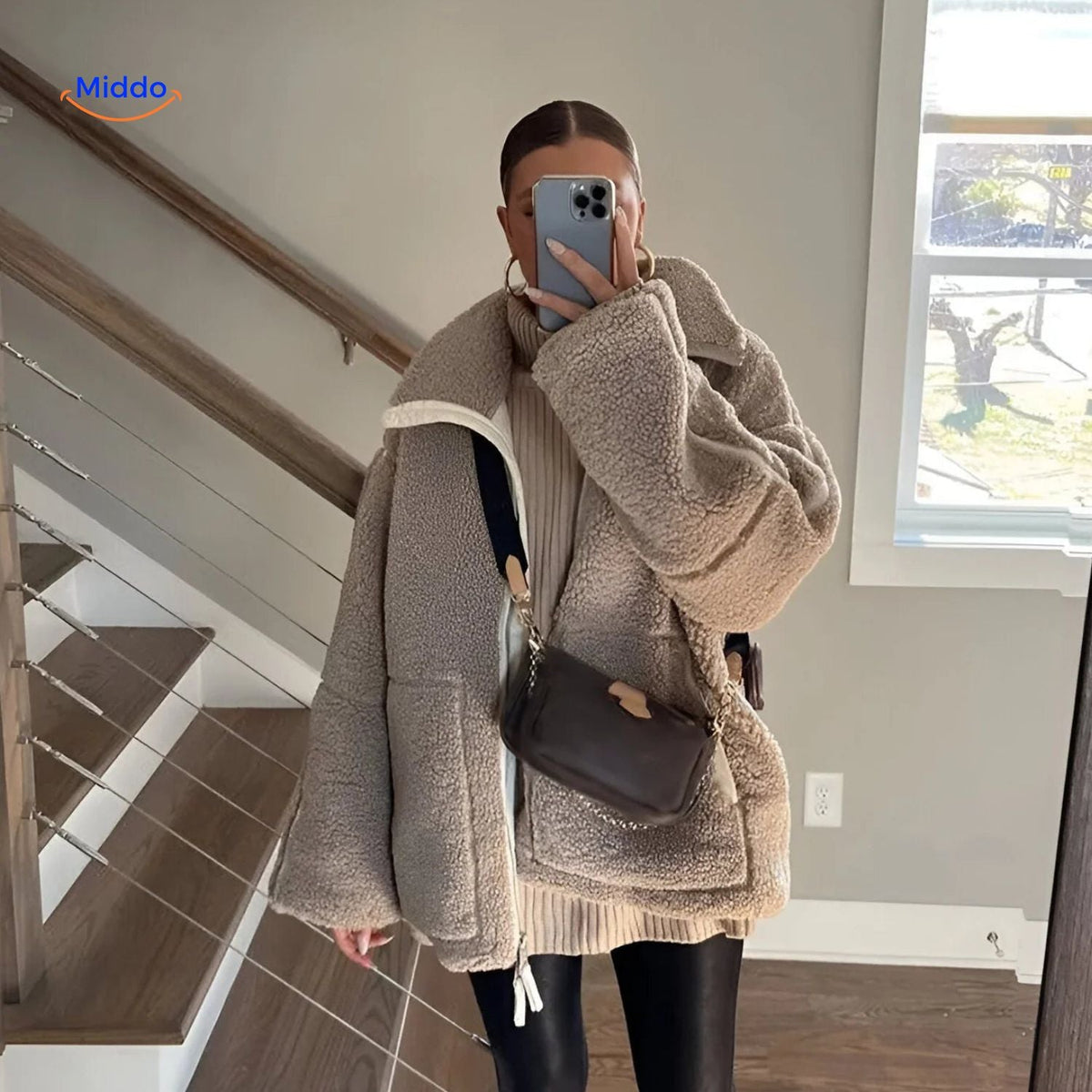 Manteau d’hiver teddy pour femme à col montant - Veste imitation laine d’agneau douce - Beige marron kaki - Modèle chaud pour l’hiver | Sansoti