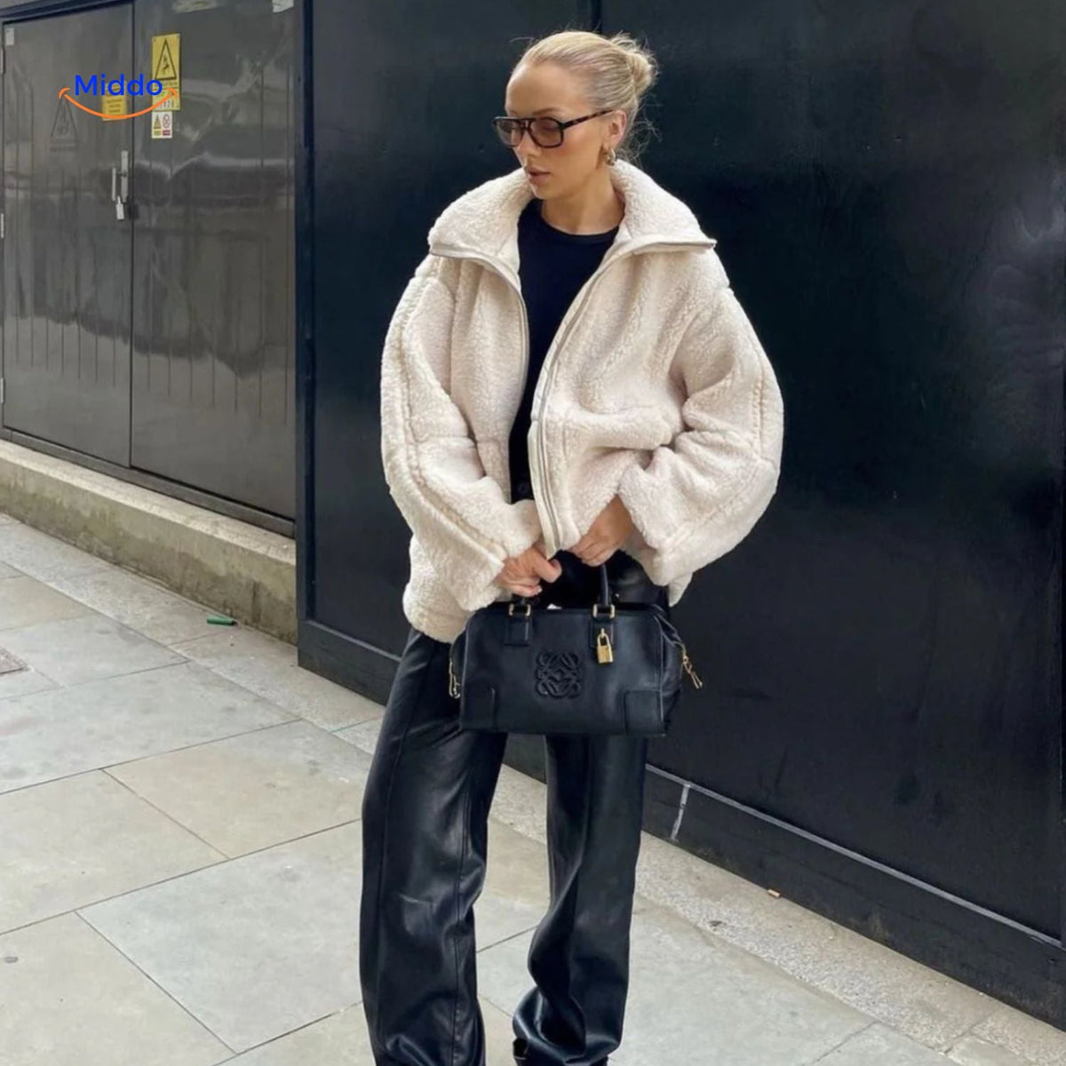 Manteau d’hiver teddy pour femme à col montant - Veste imitation laine d’agneau douce - Beige marron kaki - Modèle chaud pour l’hiver | Sansoti