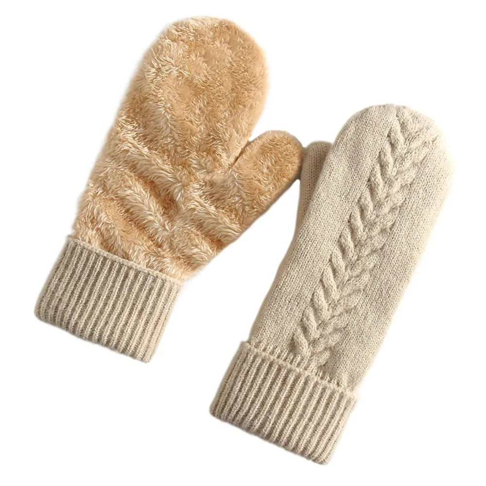 Double-Layer Mittens with Fleece Lining Winter Gloves for Women Warm Knitted Mittens Winter Sports | Sansoti