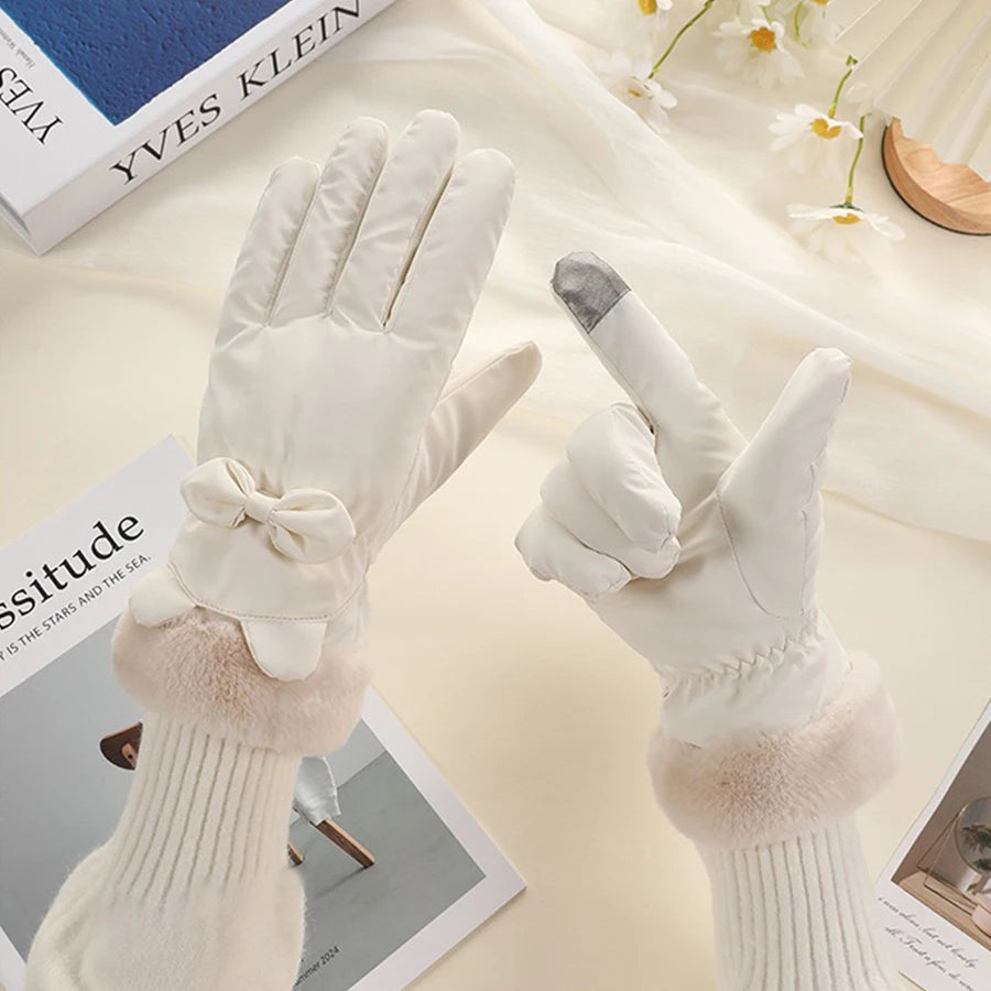 Touchscreen Winter Gloves for Women, Waterproof, Thermally Insulated, with Bow Decoration, One Size, Warm | Sansoti