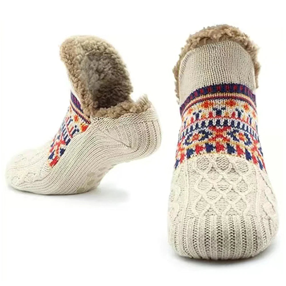 Knitted House Socks with Fleece Lining Non-Slip Sole Winter Slippers Warmth Comfort Indoor Socks | Sansoti