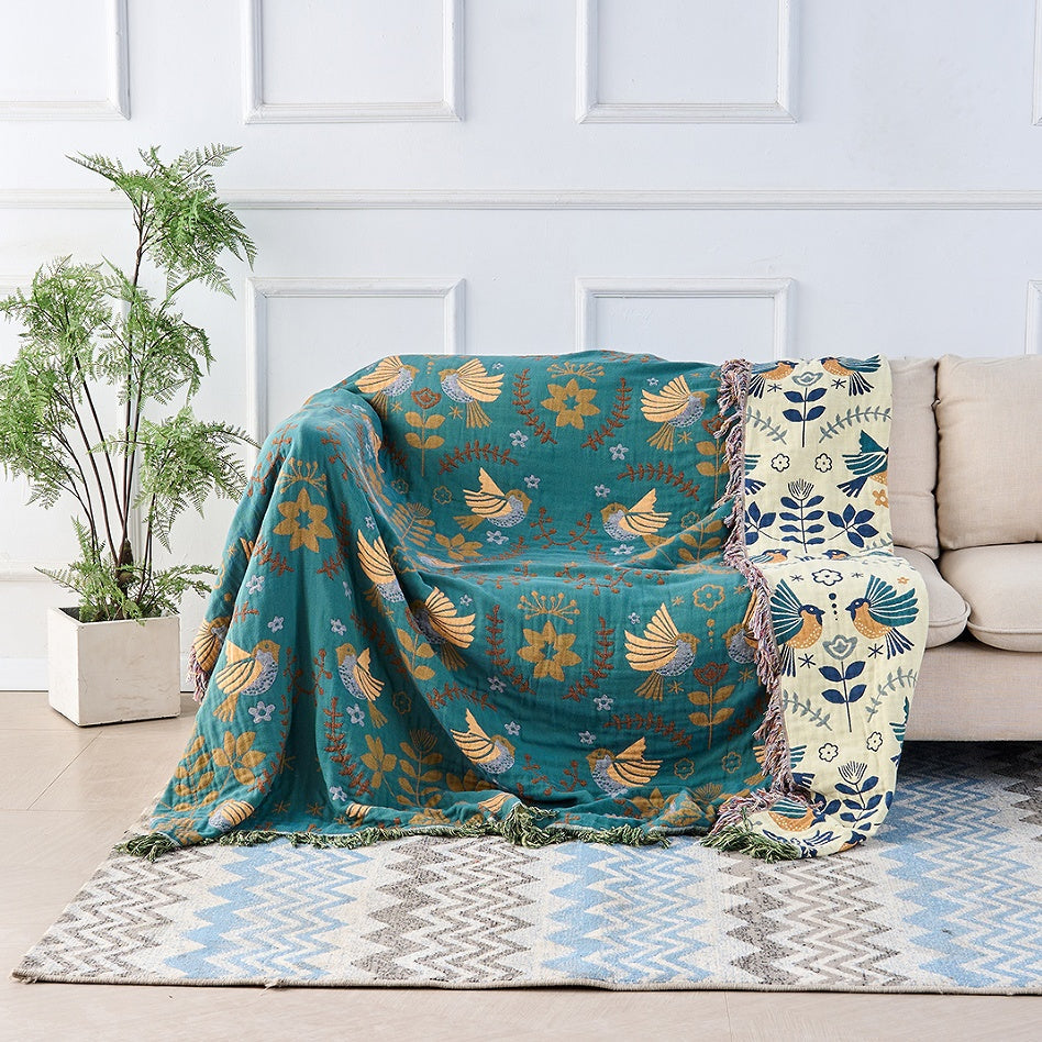 Wendbare Katoenen Plaid met Vogels en Bloemen – Botanisch Scandinavisch Design voor Bank en Bed | Sansoti