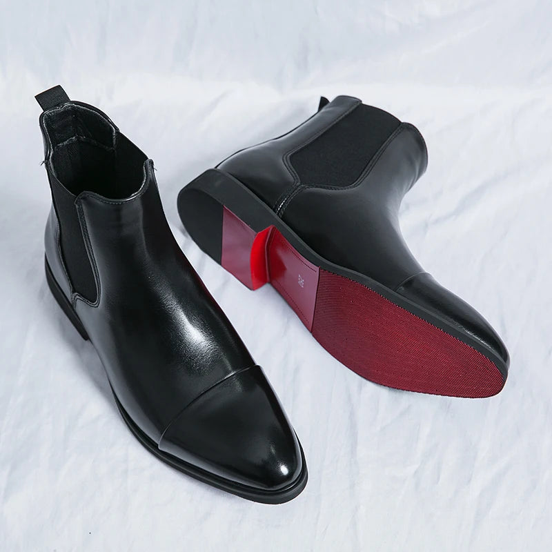 Chelsea-Stiefeletten für Herren, Cap-Toe, Slip-On, Lederboots, Schwarz und Rot, leger und formell, für den täglichen Gebrauch, komfortabel | Sansoti