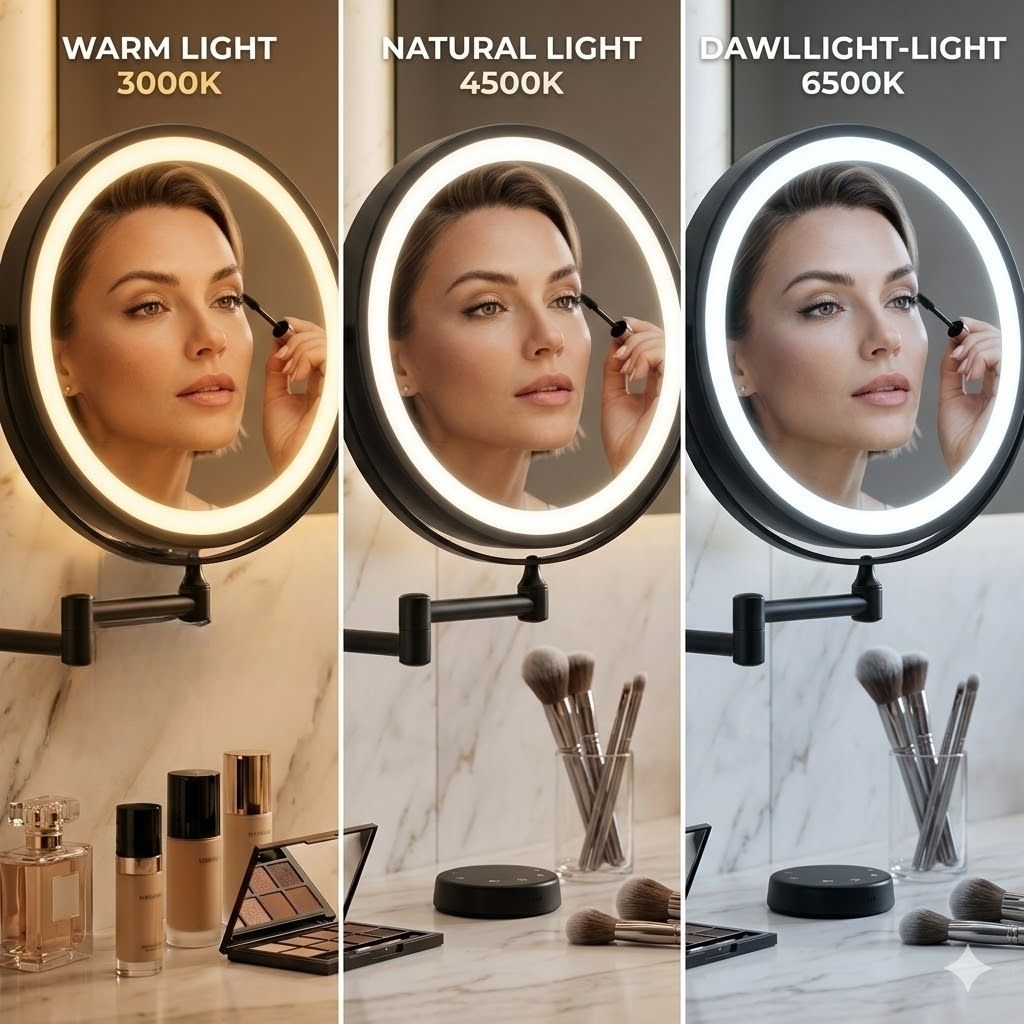 Ładowane lustro LED do makijażu, czarne, 20 cm, regulowane ramię, obrót o 360°, montaż na ścianie, sterowanie dotykowe, łazienka | Sansoti