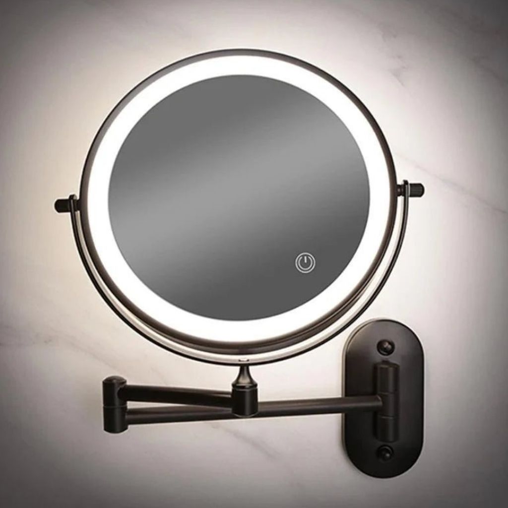 Ładowane lustro LED do makijażu, czarne, 20 cm, regulowane ramię, obrót o 360°, montaż na ścianie, sterowanie dotykowe, łazienka | Sansoti