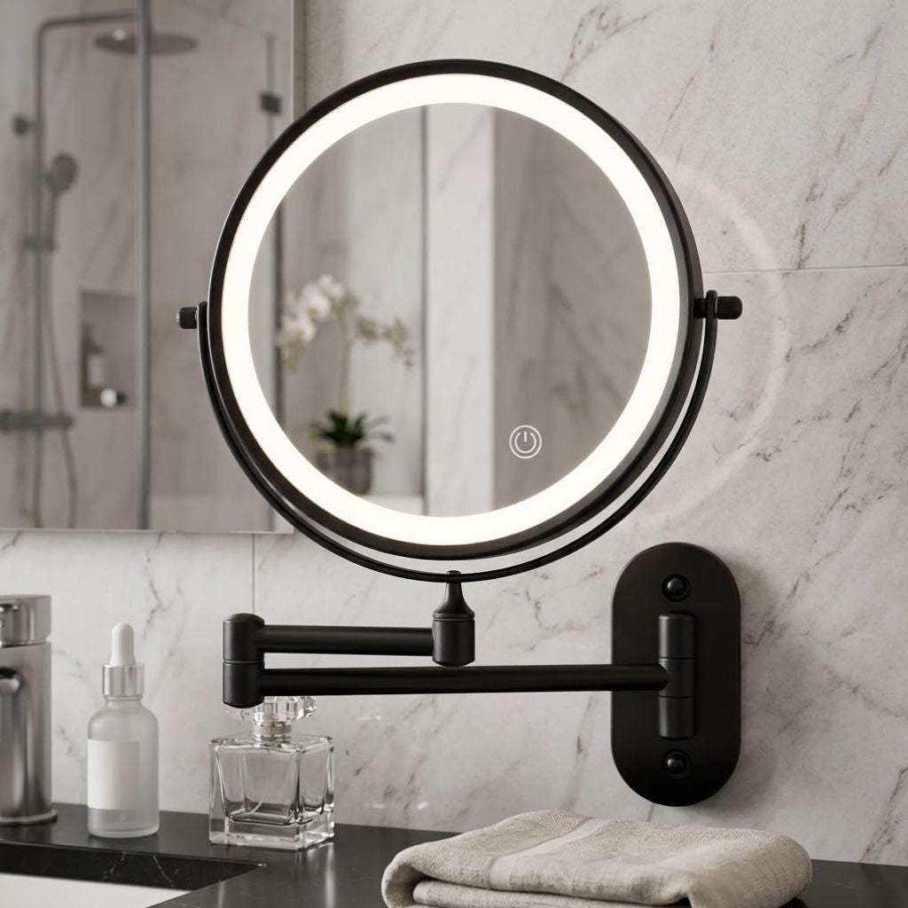 Ładowane lustro LED do makijażu, czarne, 20 cm, regulowane ramię, obrót o 360°, montaż na ścianie, sterowanie dotykowe, łazienka | Sansoti