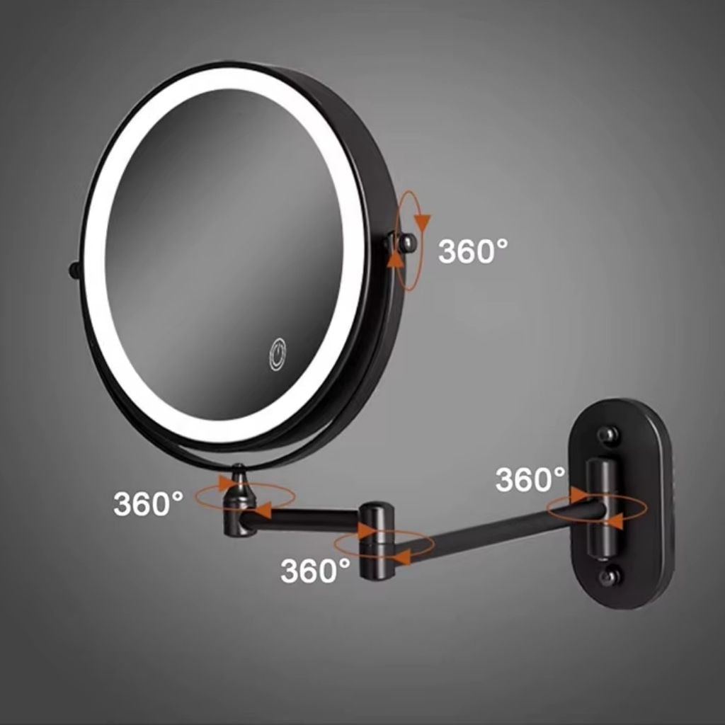 Ładowane lustro LED do makijażu, czarne, 20 cm, regulowane ramię, obrót o 360°, montaż na ścianie, sterowanie dotykowe, łazienka | Sansoti