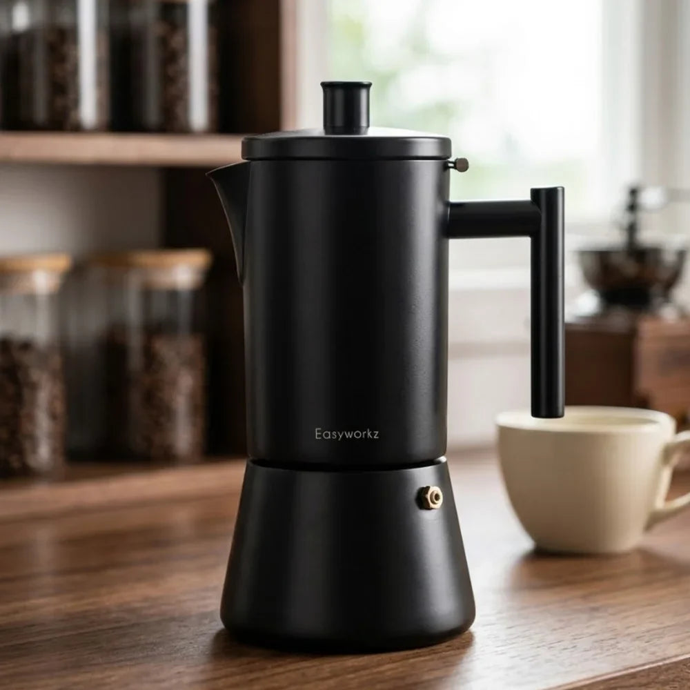 Schwarzer Edelstahl-Espressokocher 200–500 ml, induktionsgeeignet, Kaffeemaschine, italienischer Mokkakocher für Zuhause und Büro | Sansoti
