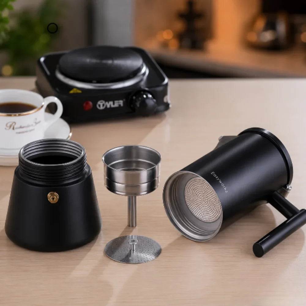 Percolateur à espresso noir en acier inoxydable, 200 à 500 ml, compatible avec l’induction, cafetière italienne moka pour la maison et le bureau | Sansoti