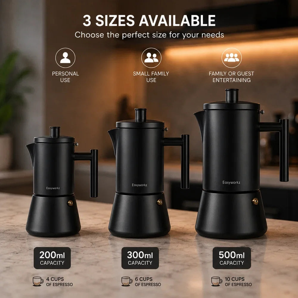 Percolateur à espresso noir en acier inoxydable, 200 à 500 ml, compatible avec l’induction, cafetière italienne moka pour la maison et le bureau | Sansoti