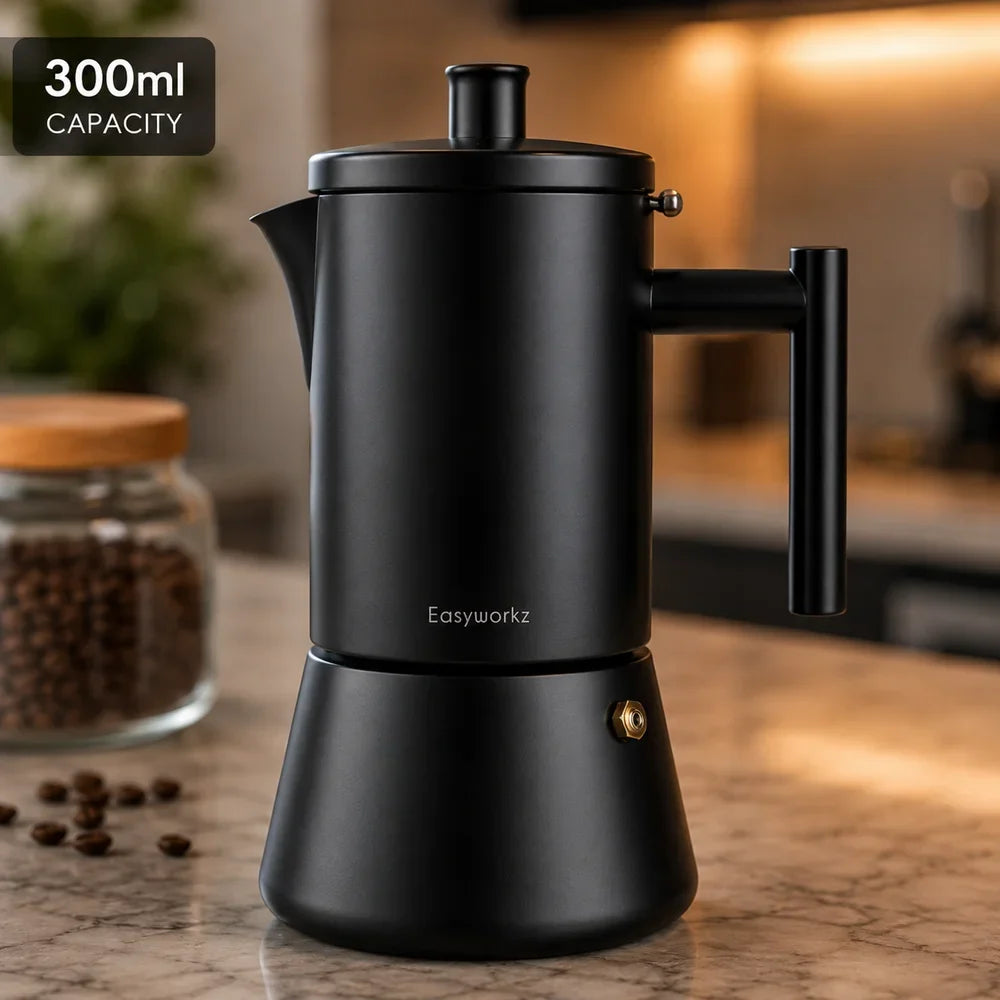 Percolateur à espresso noir en acier inoxydable, 200 à 500 ml, compatible avec l’induction, cafetière italienne moka pour la maison et le bureau | Sansoti