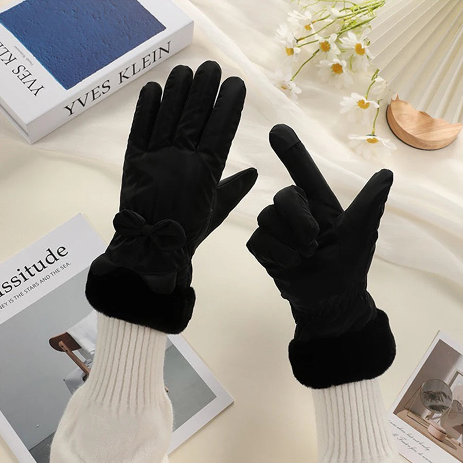 Touchscreen Winter Gloves for Women, Waterproof, Thermally Insulated, with Bow Decoration, One Size, Warm | Sansoti