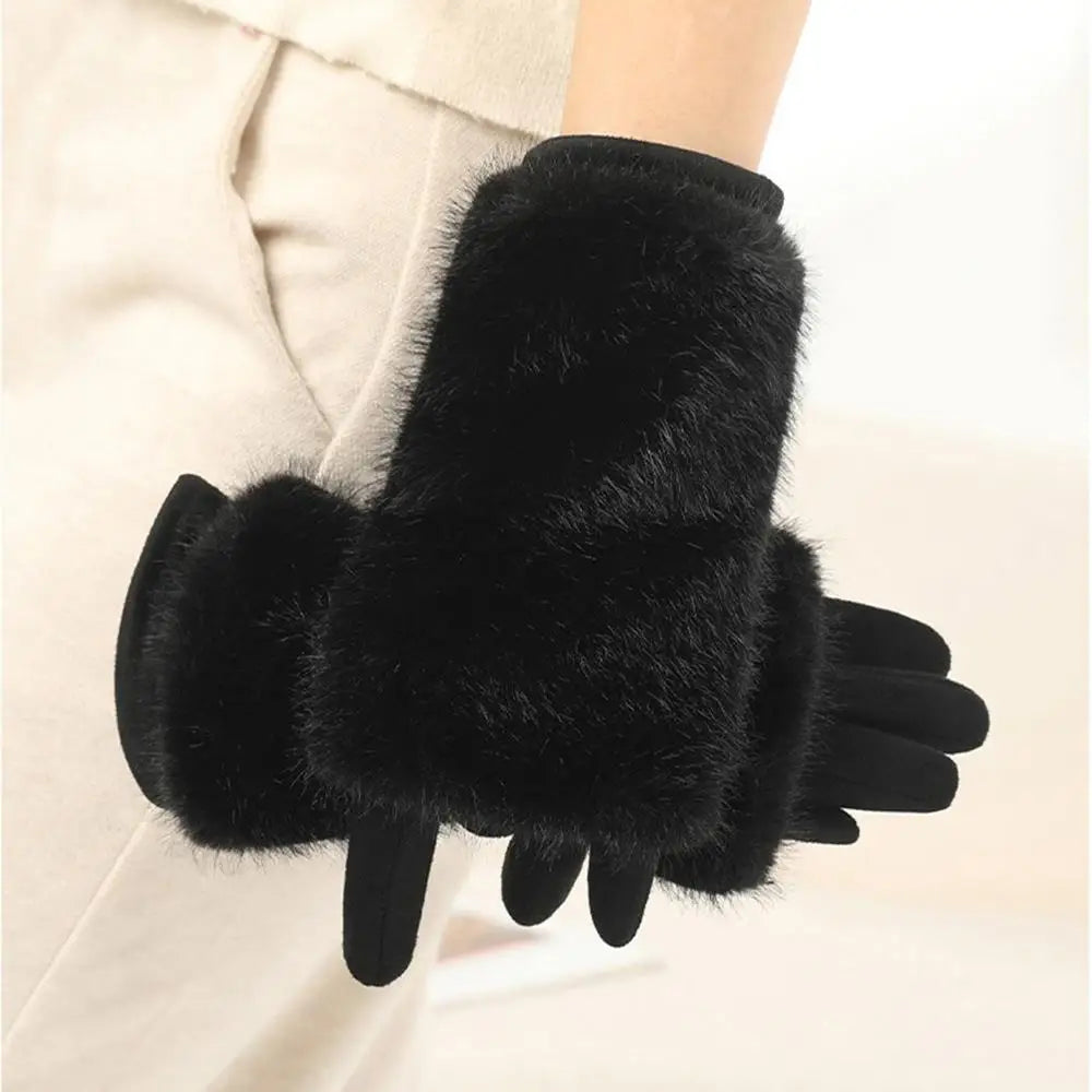 Suede Winter Gloves with Rabbit Fur Touchscreen Fingers Warm Unisex Elegant Gloves for Women and Men | Sansoti