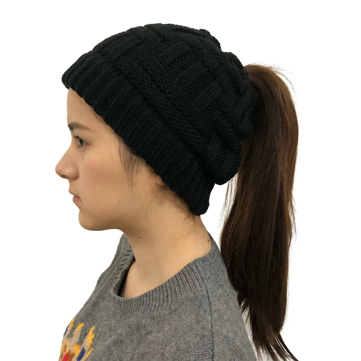 Bonnet d’hiver tricoté avec ouverture pour queue de cheval pour femmes, bonnet chaud, bonnet de ski, accessoire d’hiver pour l’extérieur | Sansoti