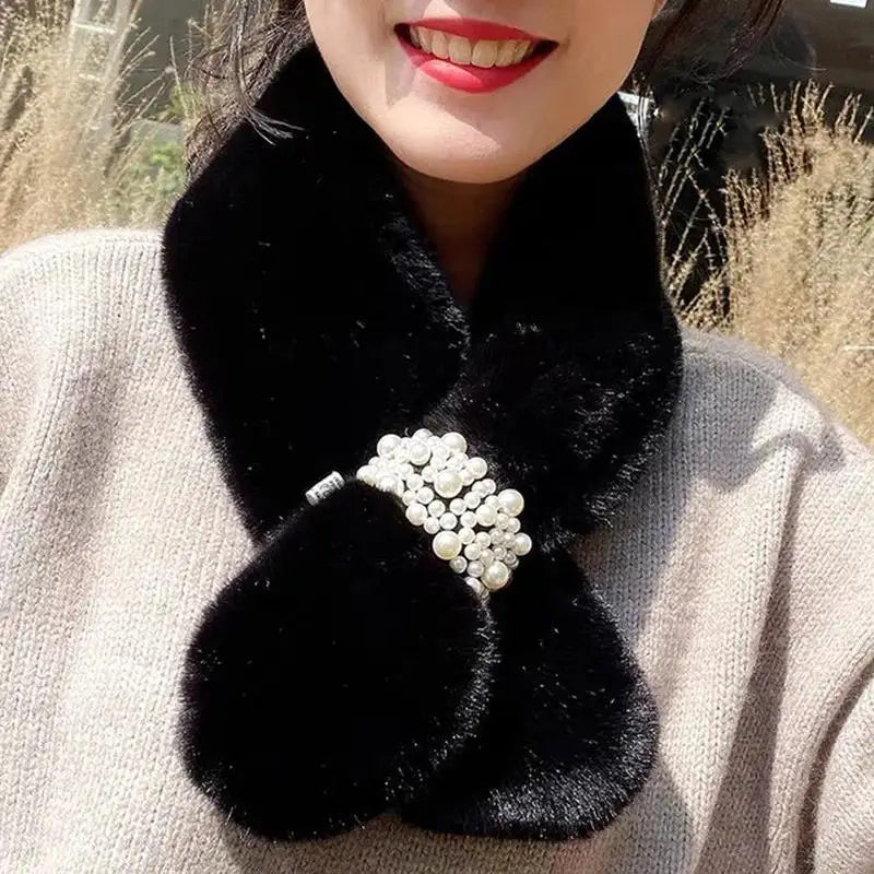 Winter Scarf Faux Fur Pearl Detail Women's Cross-Style Warm Neck Scarf Elegant Winter Fashion Accessory | Sansoti
