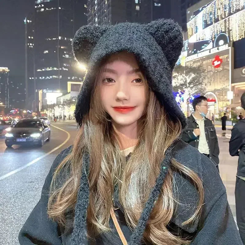 Knitted hooded hat with bear ears wool women's winter warm knitted tie band one size comfortable | Sansoti